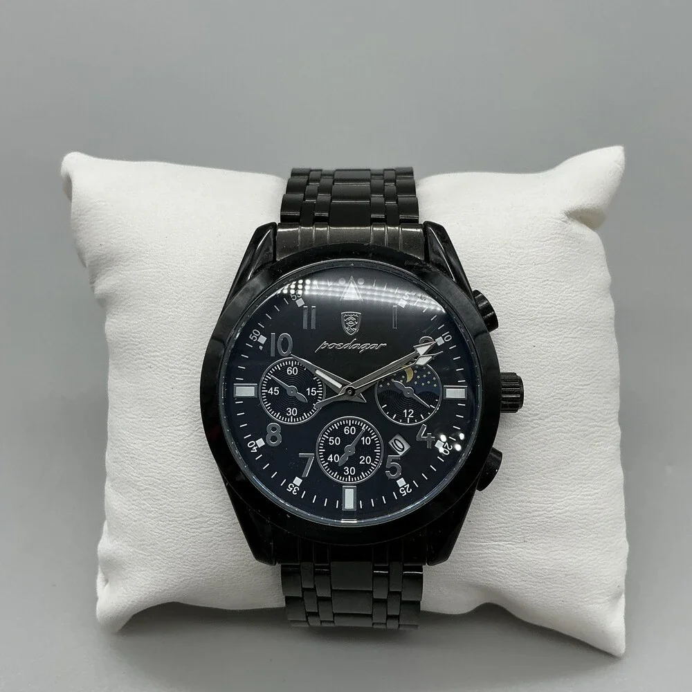 Poedagar Mens Watch 40mm Blue Dial Black Stainless Faux Chrono P318 7.75